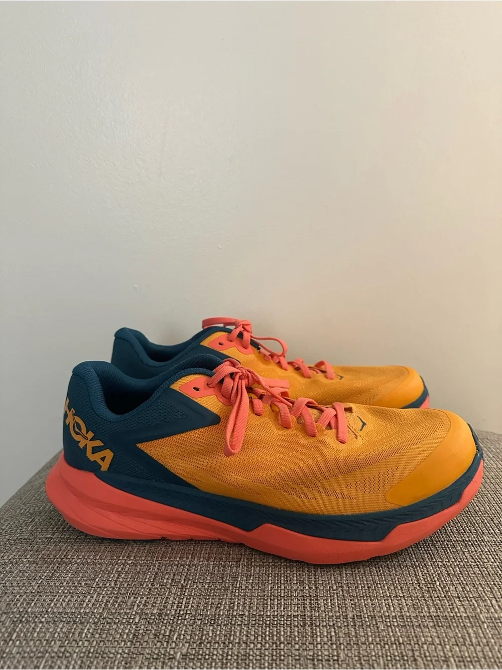 Hoka Women's Yellow Running Shoes with Coral and Navy Accents